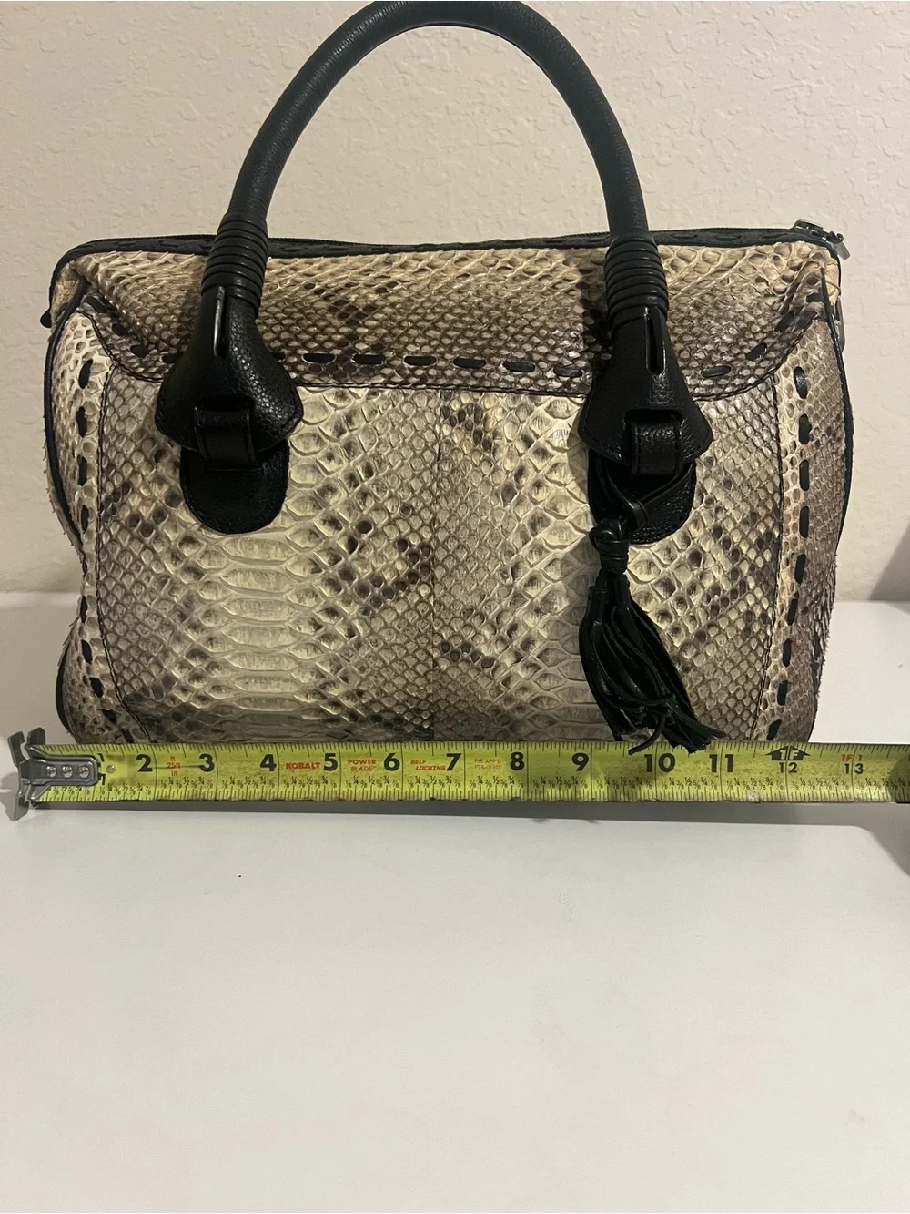 Neutral Snakeskin Satchel with Black Leather Handles